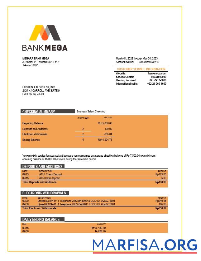 Downloadable Bank Mega corporate checking account statement Word and PDF template